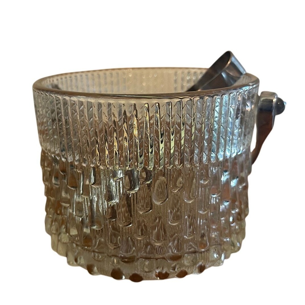 Vintage Textured Glass Ice Bucket With Metal Tongs